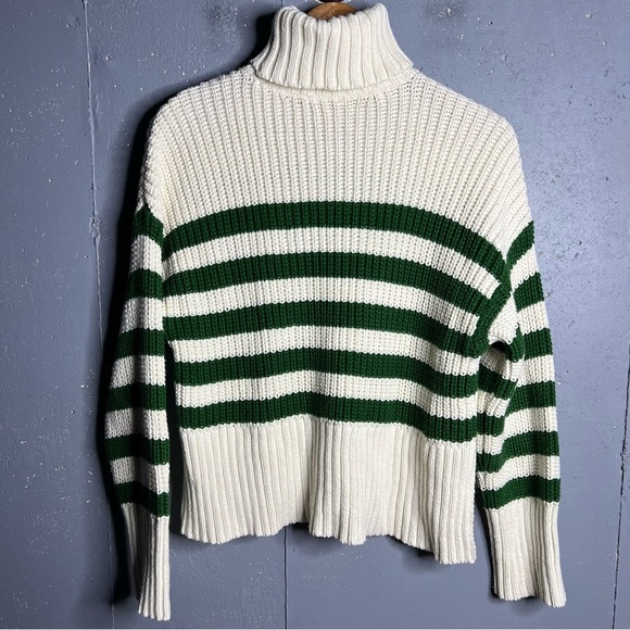 Madewell Sweater Womens M Cream Ribbed Green Striped Wide Turtleneck size XS - Picture 4 of 12